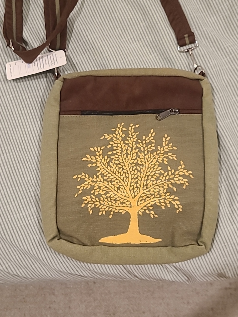 Handmade, Tree Of Life,  Olive and Brown Crossbody Bag with Yellow Tree.